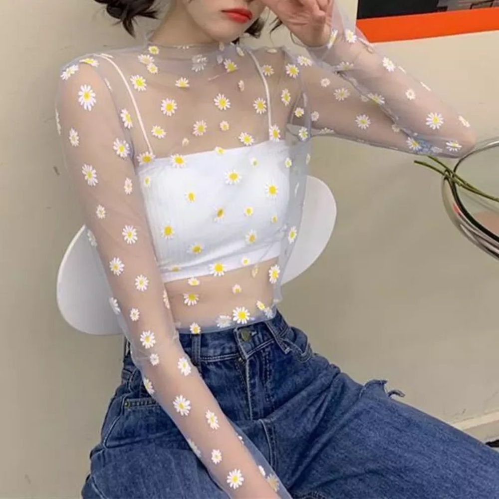 WHITE DAISIES MESH TOP